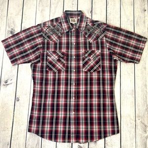 Ely Cattleman Pearl Snap Shirt Men Size Medium Western Red Plaid Embroidered